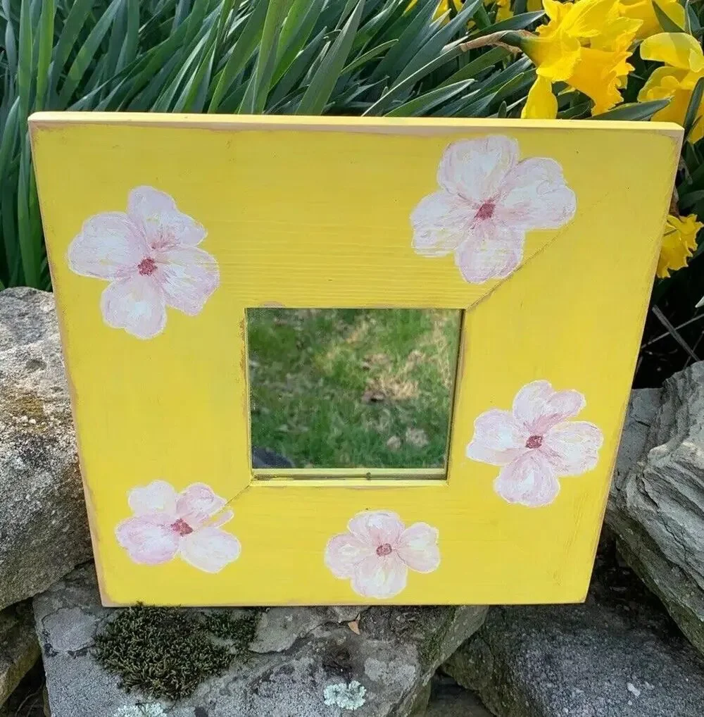 Handpainted ReFab Mirror Wall 10 x 10 Yellow with Dogwood Flowers Wall Hanging